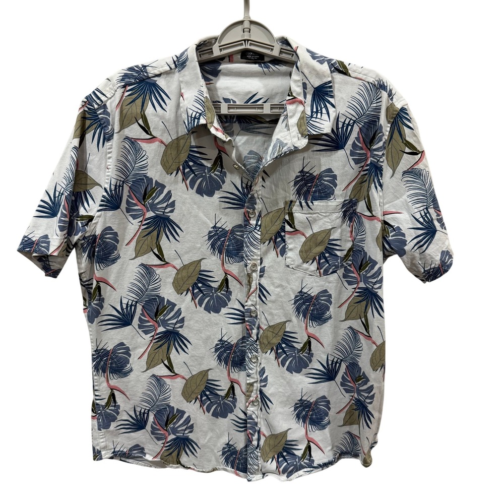 Coofandy Men XL Tropical Floral Button Down Shirt Short Sleeve White Blue Summer